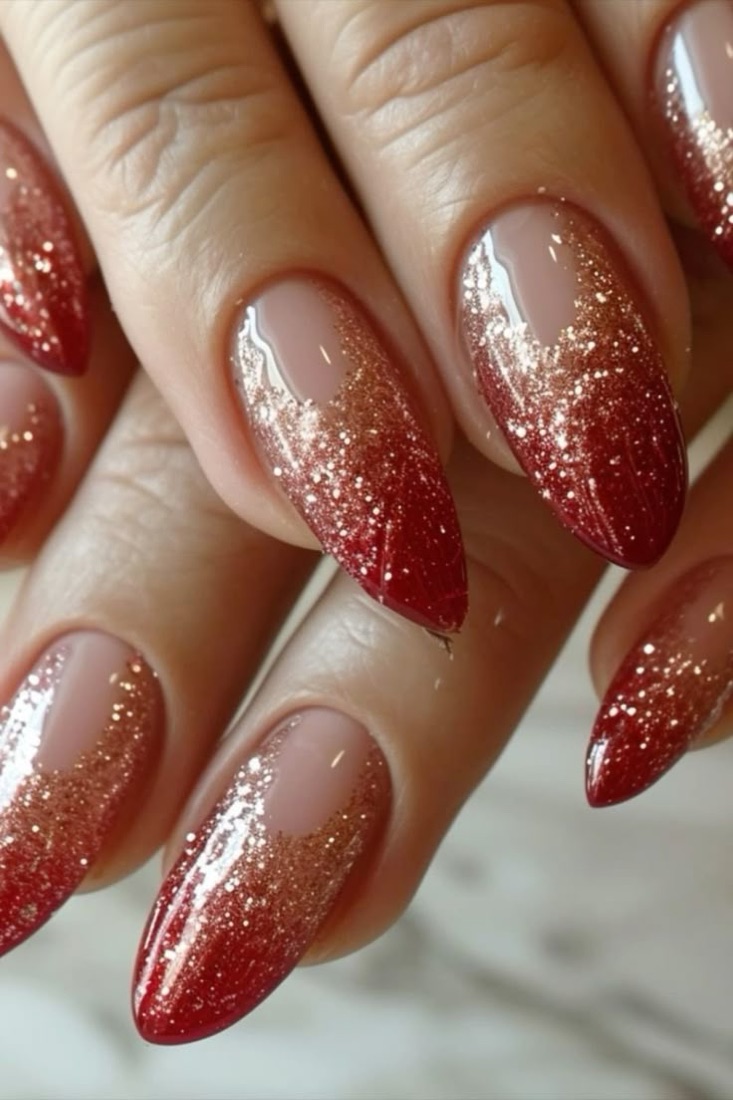 Nude nails fading into red glitter