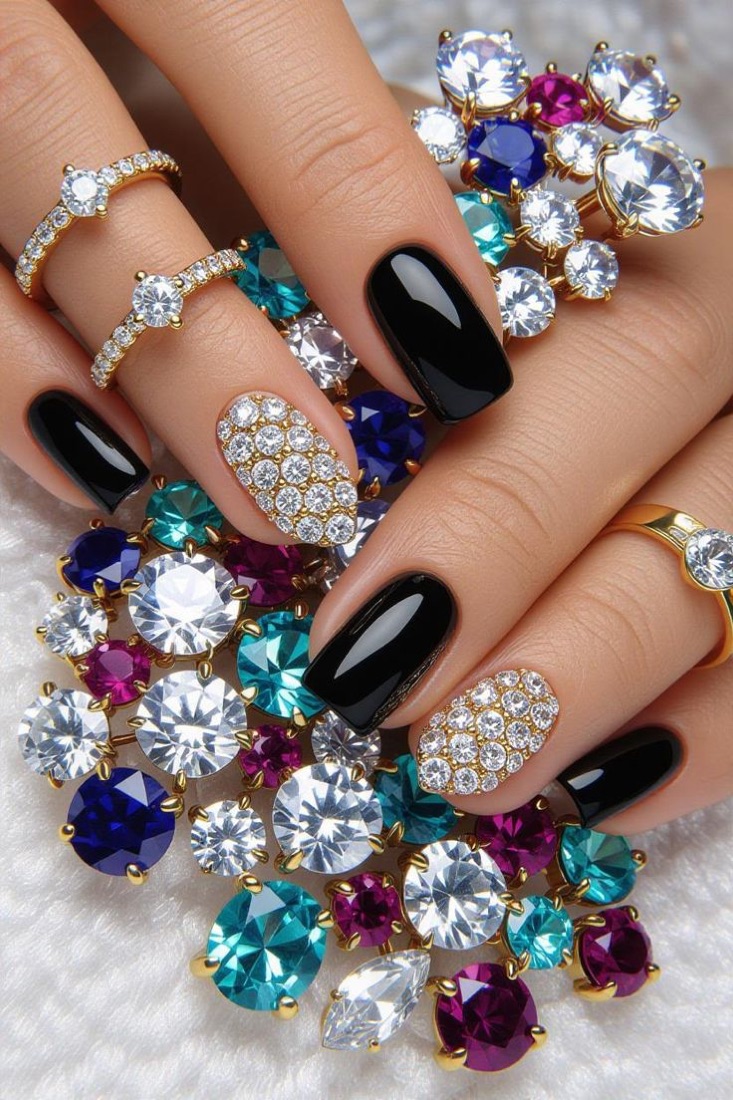 Black nails with a rhinestone-covered accent nail