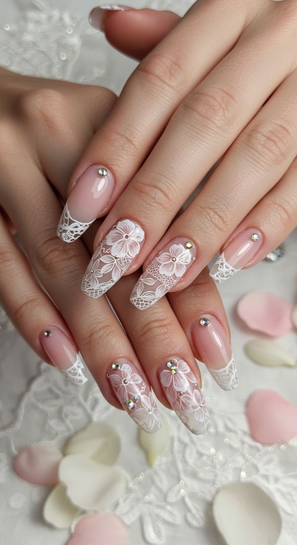 Nude French tips with white lace and 3D flowers