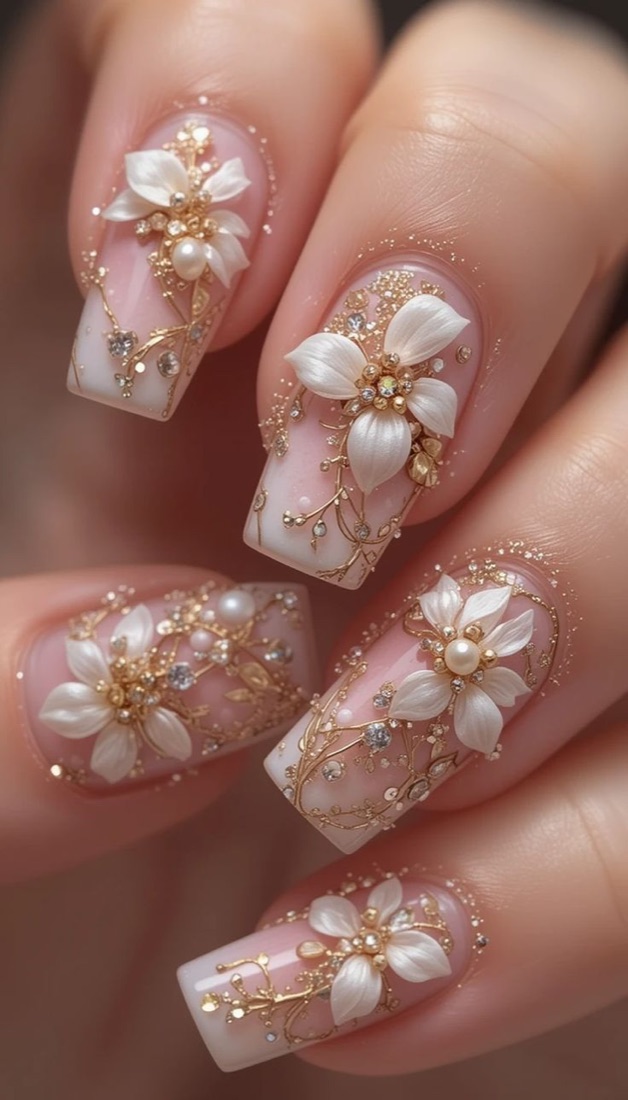 Pink nails with 3D white blossoms and gold details
