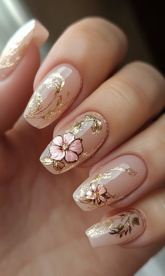 Nude nails with a painted pink flower and gold leaf