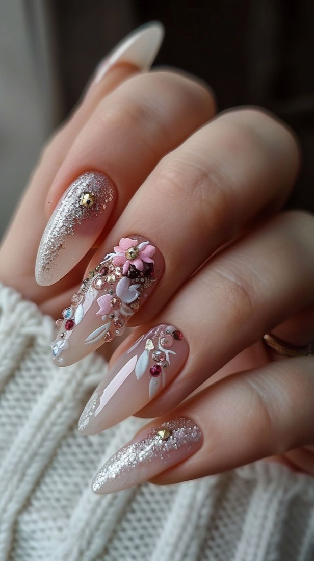 Glitter fade nails with small 3D flowers and gems