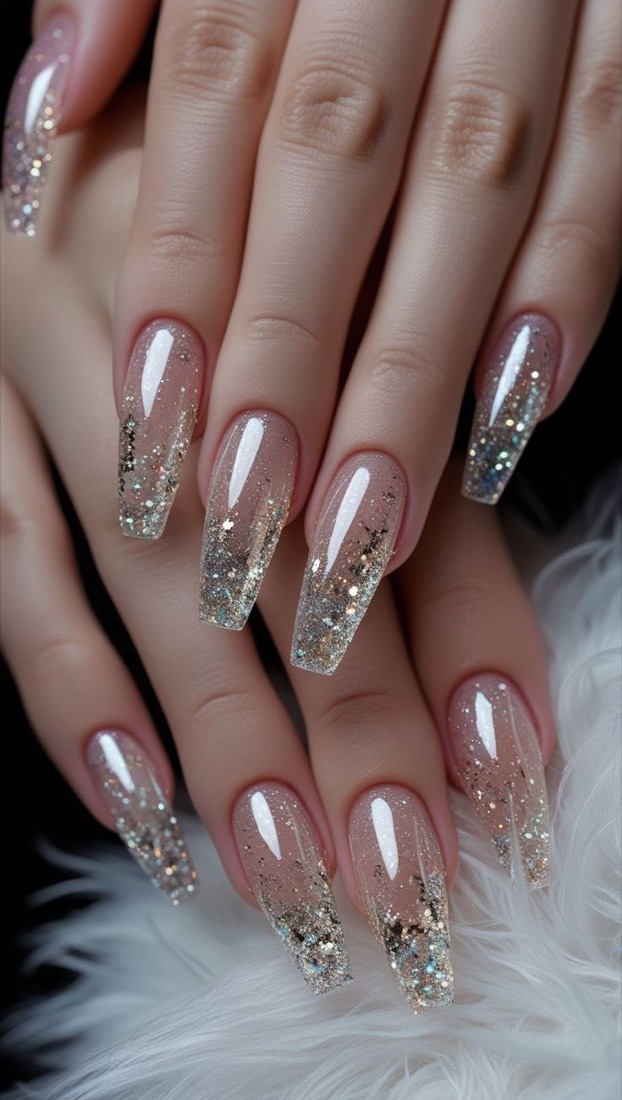 Clear nails with silver glitter tips