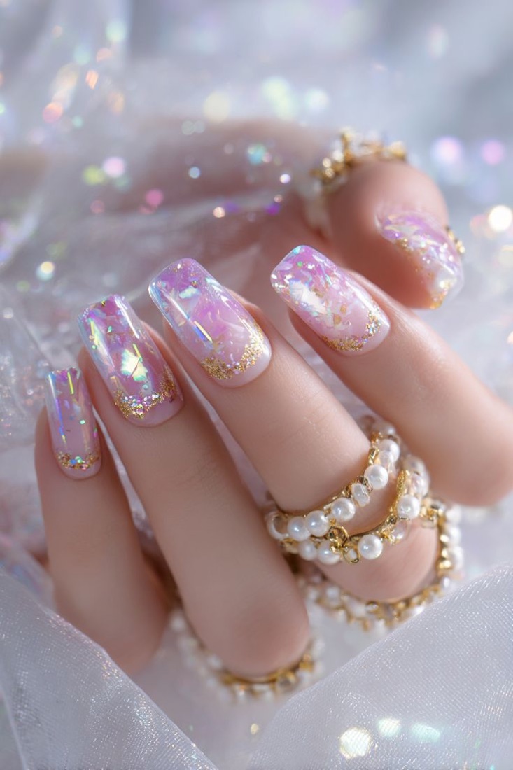 Iridescent opal nails with gold flakes