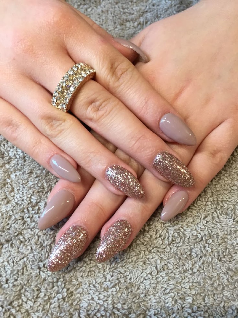 Taupe nails with rose-gold glitter accents