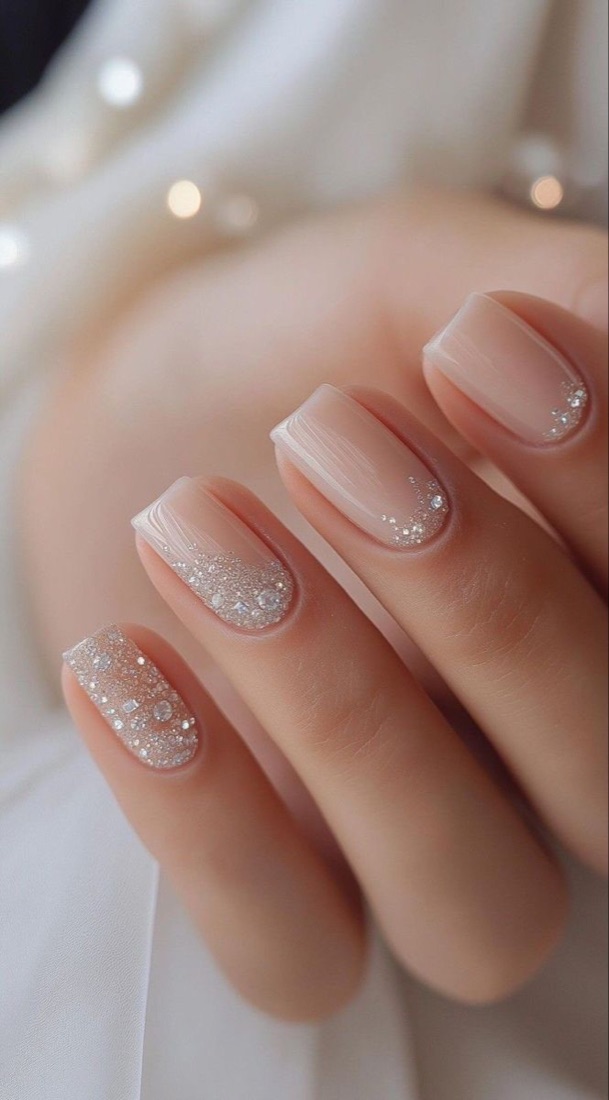 Nude nails with a soft sparkle French